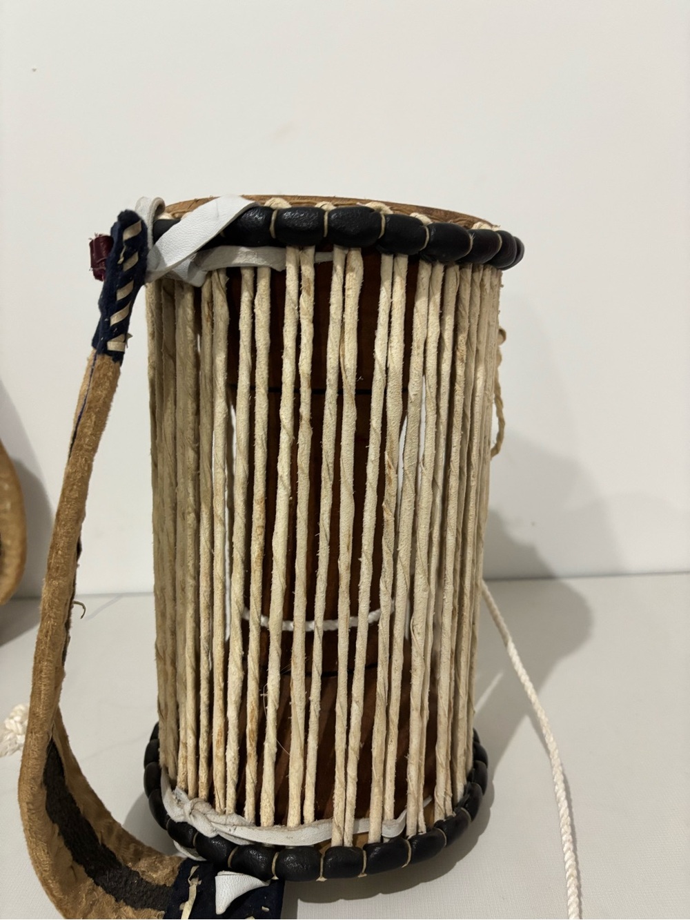 African Handcrafted Natural Brown & Cream talking Drum  (gangan) and beater